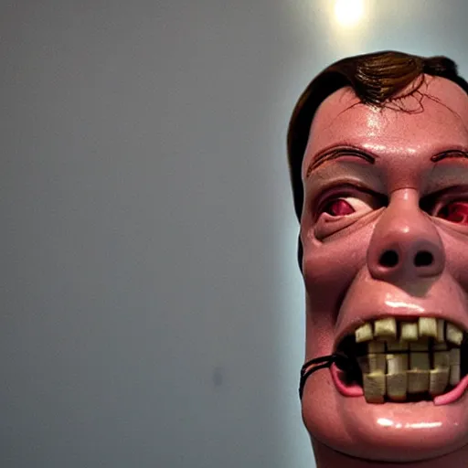 Prompt: Nigel Farage as a ventroquial dummy, hinged jaw, wires, lacquered, glossy, cracked varnish, ((photo))