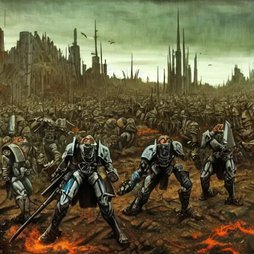 Prompt: DC Apocalypse, Warhammer 40K, Fire realistic war death gunfire ruined details In the art style of Caspar David Friedrich