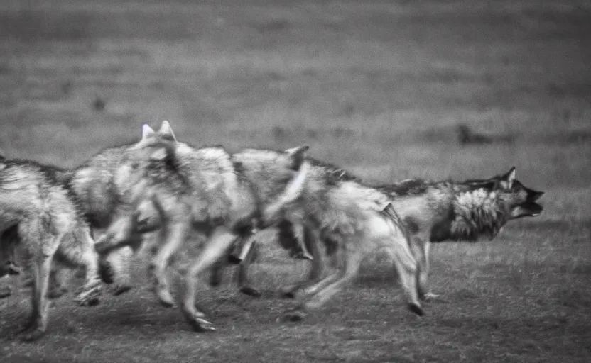 Prompt: pack of wolves playing by William Blake, lake, analogue photo quality, blur, unfocus, monochrome, 35mm