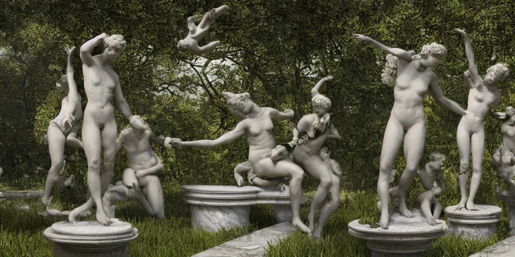 Prompt: Garden Utopia, surrealism, outside, high detailed beautiful Greek marble statues, mind puzzles, intricate artwork by caravaggio. Trending on artstation, octane render, cinematic lighting from the right, hyper realism, octane render, 8k, depth of field, 3D