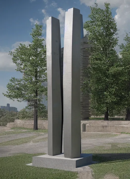 Image similar to highly detailed realistic architecture 3 d render of a metallic stele monument in frank lloyd wright style standing on a side of a highway, archdaily, made in unreal engine 4 octane render
