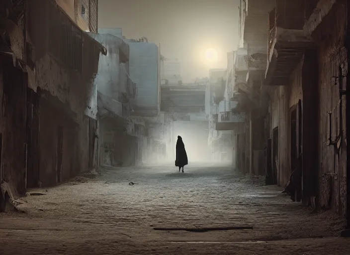 Image similar to old jeddah city alley, roshan, old shops, horse, magical glowing sand gateway to another dimension, a man wearing a white robe standing watching over, fantasy, dramatic lighting, dawn, by caspar david friedrich, unreal engine 5