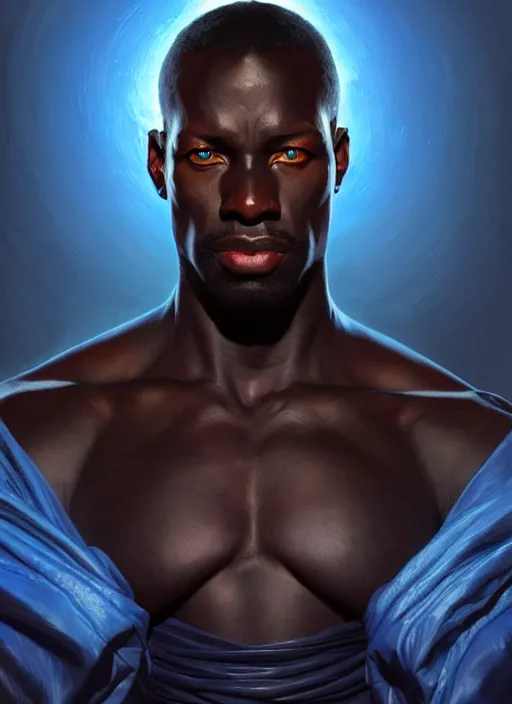 Image similar to portrait of an African man, glowing blue eyes!! muscular, black leather robes! intricate, elegant, highly detailed, digital painting, artstation, concept art, smooth, sharp focus, illustration, art by artgerm and greg rutkowski and alphonse mucha