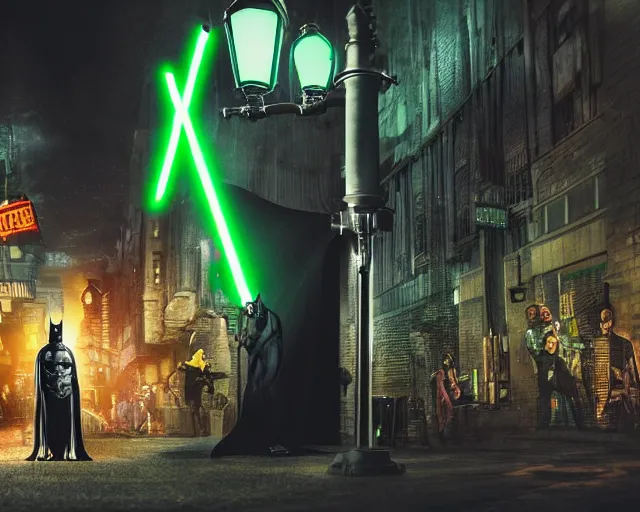 Image similar to a high definition photograph of Batman swinging a green lightsaber through a lamppost in a dark city alleyway at nighttime