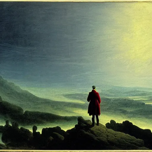 Prompt: wanderer above the sea of fog, but over the pits of hell syle of caspar david friedrich