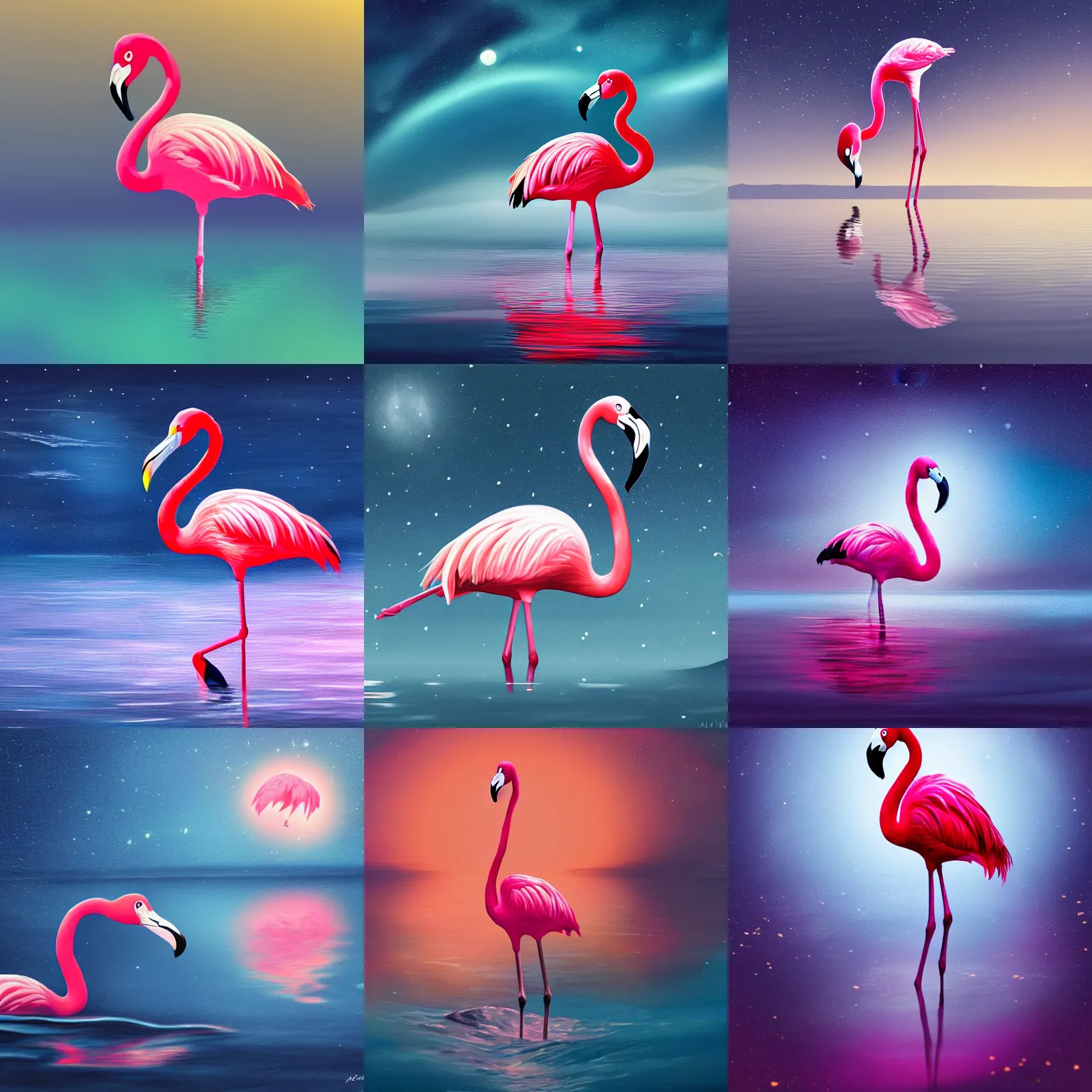 Prompt: A flamingo on water, deep night sky, digital painting, artstationHQ, 4k, high-quality, atmospheric
