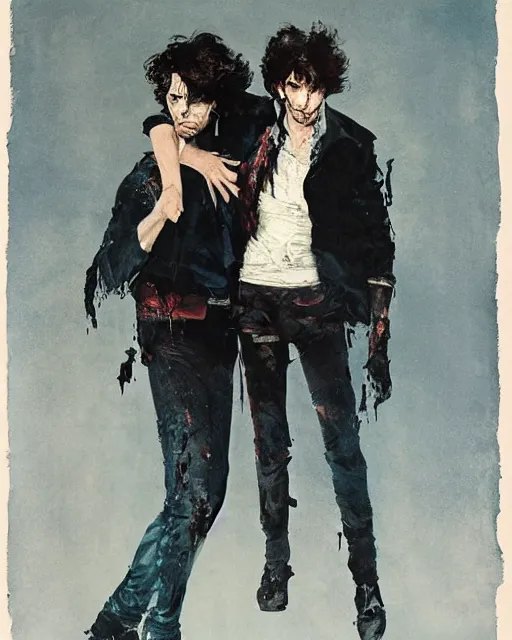 Image similar to two handsome but sinister young men in layers of fear, with haunted eyes and wild hair, 1 9 7 0 s, seventies, wallpaper, a little blood, moonlight showing injuries, delicate embellishments, painterly, offset printing technique, by coby whitmore