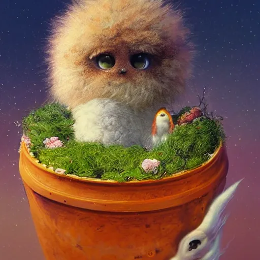 Image similar to long shot of a very fluffy furry alien chick nesting in a floral cup, esao andrews, by m. w. kaluta, humorous illustration, hyperrealistic, tilt shift, warm colors, night scenery, low light, 3 d octane render, 4 k, volumetric lights, smooth, cosy atmosphere, conceptart, hyperdetailed, trending on deviantart