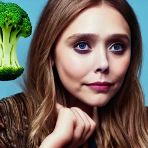 Image similar to elizabeth olsen with a [ [ broccoli face ] ]!!, trending on cgsociety, 4 k quality, intricate