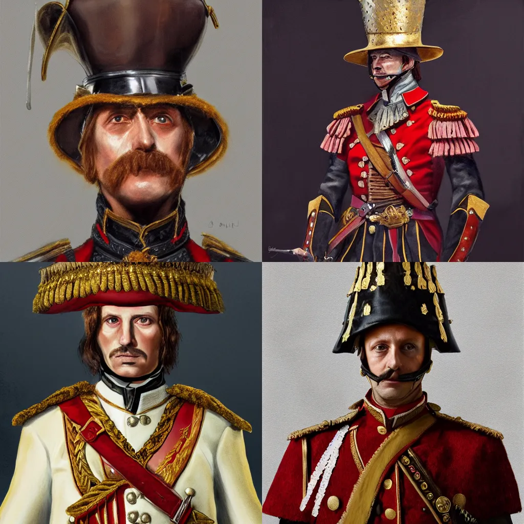 Prompt: portrait of Hungarian hussar posing, dressed in shako, pelisse, dolman, shot from The Duellists movie and the deluge, 4k resolution, detailed, concept art, oil painting, authentic costume, trending on artstation