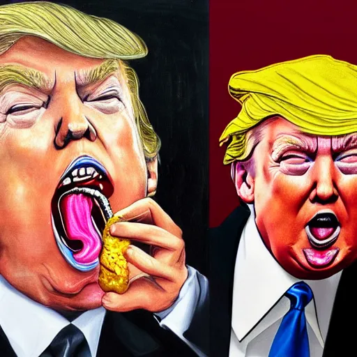 Image similar to donald trump licking a burger with his tongue out, art by jenny saville detailed, sharp, smooth