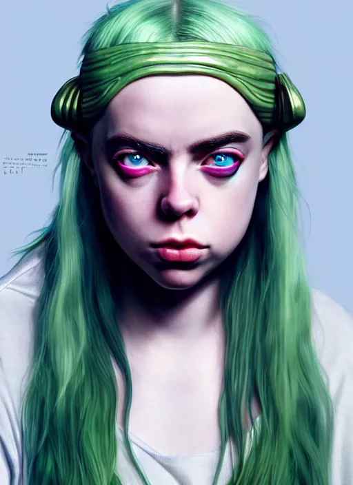 Image similar to Billie Eilish as Female Loki, beautiful facial symmetry, rose pink skin color, hyper realistic, hyper detail, very detailed, digital art, trending on artstation, smooth render, 8k octane render, digital illustration, by Katsuhiro Otomo and Shigeru Miyamoto