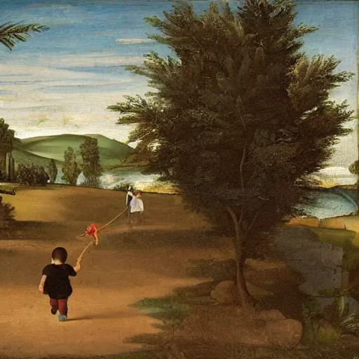 Image similar to a kid at the park walking a dinosaur with a leash, renaissance oil painting