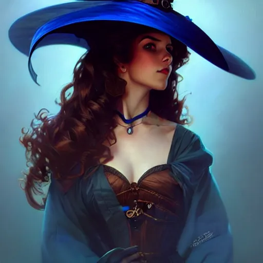 Image similar to a cinematic portrait scene female steampunk girl with a big hat, blue background, intricate, elegant, highly detailed, digital painting, artstation, concept art, smooth, sharp focus, illustration, art by artgerm and greg rutkowski and alphonse mucha
