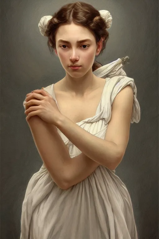 Image similar to beautiful portrait of a woman, similar to'the milkmaid ', beautiful woman, symmetry, perspective, portrait, anime!!, fantasy, ultra detailed, elegant, intricate, dynamic lighting, hyperrealism, digital art, digital painting, artstation, wlop, sharp focus, illustration, art by artgerm and greg rutkowski and alphonse mucha, 8 k