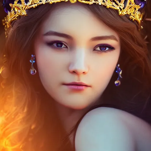 Image similar to a photographic portrait of an fantasy 30 years old princess with a deep blue sapphire and gold diadem, wider view, warmer colours, more tan face, light brown hair, cinematic light, by Zhang Jigna, canon 50mm, bokeh, artstation