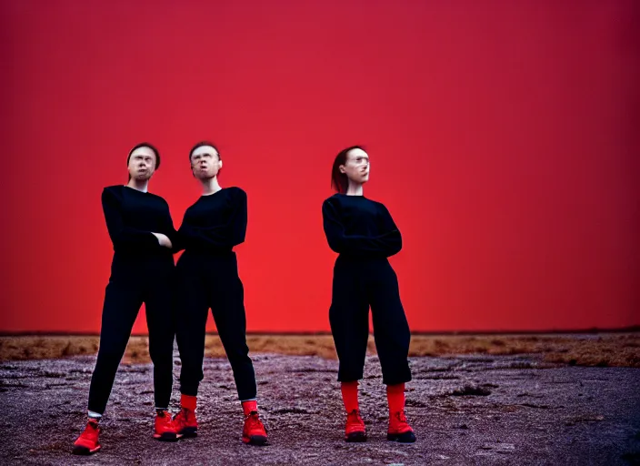 Image similar to cinestill 5 0 d closeup photographic portrait of two clones in front of a brutalist metal building, techwear women, on a desolate plain, red sky, black oversized clothes, depth of field, 4 k, 8 k, hd, full color