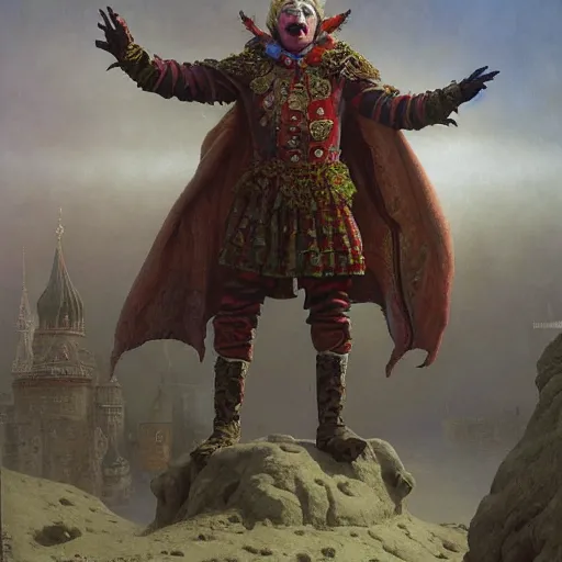 Image similar to vladimir putin, is a jester, circus performance, fantasy 3 d render, masterpiece, by donato giancola and greg rutkowski and wayne barlow and zdzisław beksinski, realistic face