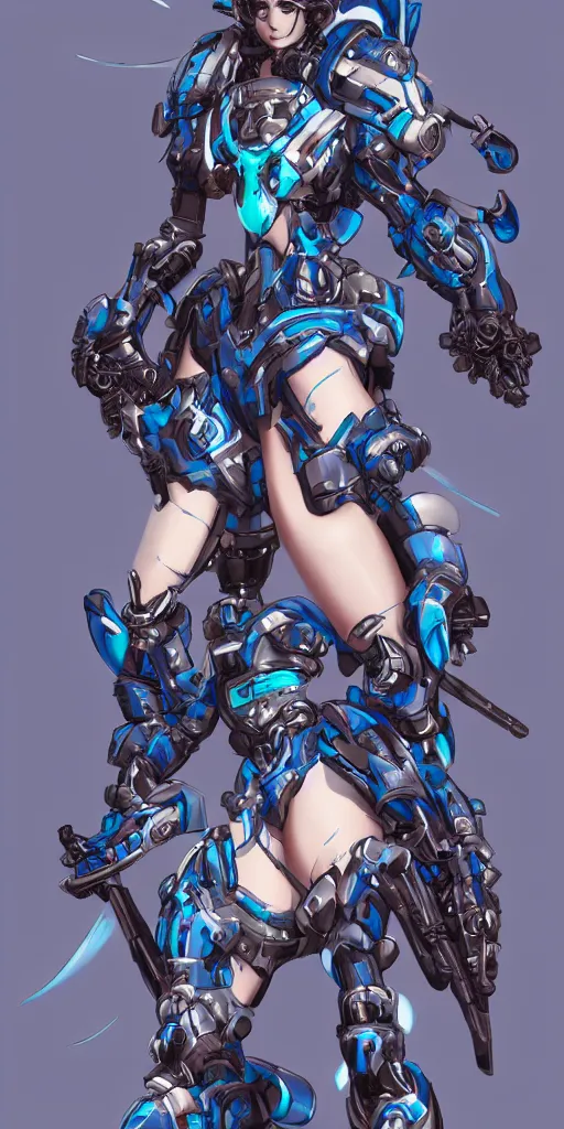 Image similar to beautiful and gorgeous female azure mech warrior by Masamune Shirow, manga, single face, trending on artstation, WLOP, detailed, intricate, elegant, sfw version