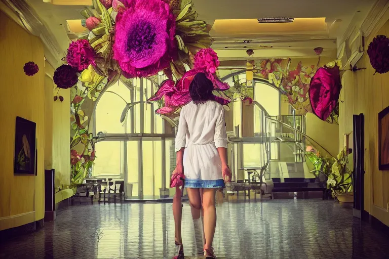 Image similar to giant flower head, girl walking in hotel, surreal, symmetry, flat space, fanciful, colourful, detailed, wes anderson