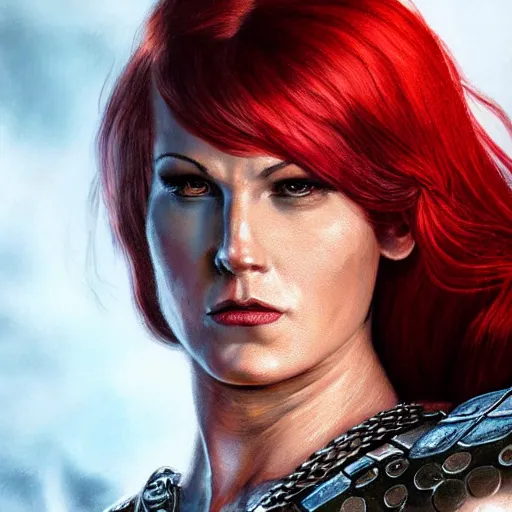 Prompt: hyper realistic photo of red sonja portrait, cinematic