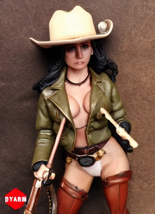 Image similar to 80mm resin detailed miniature of a beautiful muscular woman, clothed in Cowboy Jacket, ten-gallon hat, revolver gun, olive skin, long dark hair, beautiful bone structure, symmetrical facial features, Product Introduction Photos, 4K, Full body