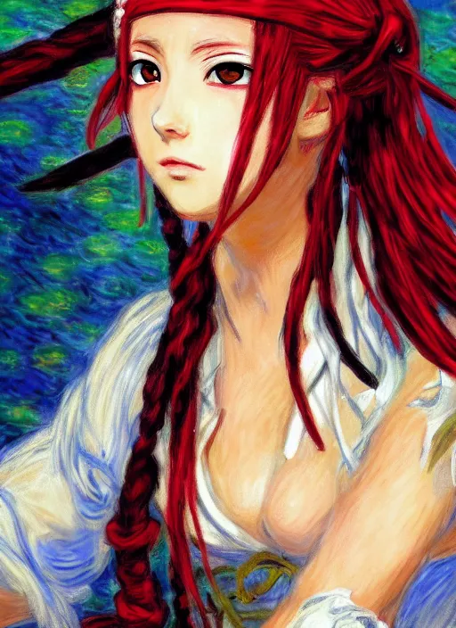 Prompt: a portrait of a female pirate, very anime in impressionist style, anime trending artwork, 4 k, anime painter studio, by claude monet