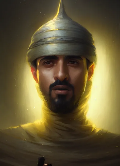 Image similar to highly detailed portrait arab man modern knight, hero, yellow charcoal, stephen bliss, 8 k, unreal engine, fantasy art by greg rutkowski, loish, rhads, ferdinand knab, makoto shinkai and lois van baarle, ilya kuvshinov, rossdraws, tom bagshaw, global illumination, radiant light, detailed and intricate environment