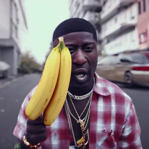 Image similar to angry gucci mane eating bananas in the hood, 8k resolution, full HD, cinematic lighting, award winning, anatomically correct