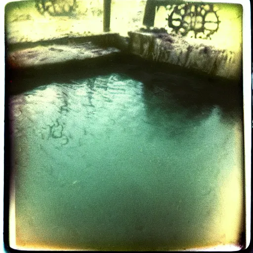 Image similar to a rusty bedframe, dark, murky water, underwater, old polaroid, expired film,