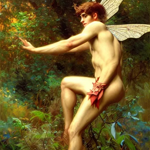 Image similar to attractive male fairy with wings in the forest, posing. highly detailed painting by gaston bussiere, craig mullins, j. c. leyendecker, 8 k