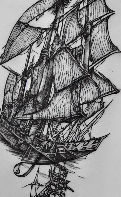 Image similar to A tattoo design on paper of a pirate ship, on paper, black and white, highly detailed tattoo, realistic tattoo, realism tattoo, beautiful shades