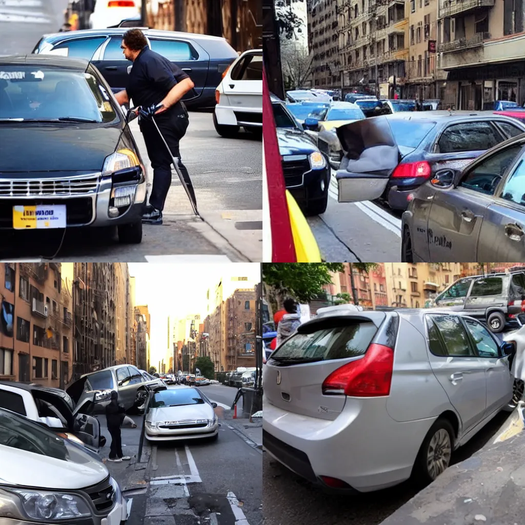 Prompt: un uomo all'interno della sua auto parcheggiata ad Harlem parla con un tizio dal finestrino