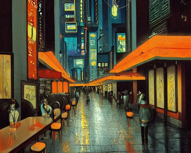 Prompt: last open food place in a cyberpunk city on a rainy melancholy night by de chirico