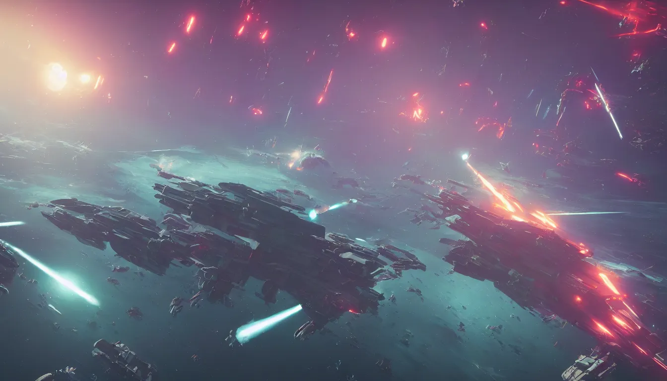 Image similar to An intergalactic battleship fight in space, rendered by Beeple, Makoto Shinkai, syd meade, simon stålenhag, environment concept, digital art, unreal engine, 3 point perspective, WLOP, trending on artstation, low level, 4K UHD image, octane render,