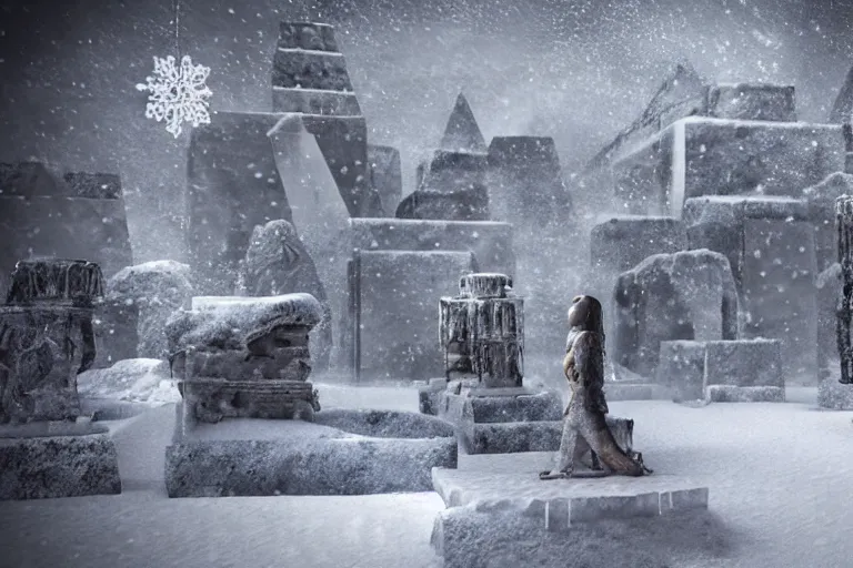 Image similar to a very windy and cold place, everything is made out of ice, ancient egypt, snowing, cinematic lighting