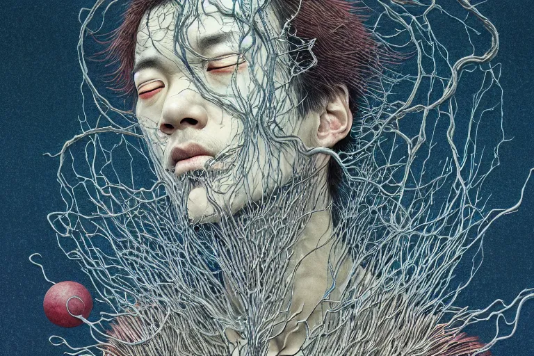 Image similar to realistic detailed image of a man falling to his impending demise, conjuring psychedelic background, part by takato yamamoto, part by alex gray, ross tran, james jean, ultra realistic, octane render, highly detailed, 8 k, trending on artstation, cosmic, symmetry, masterpiece