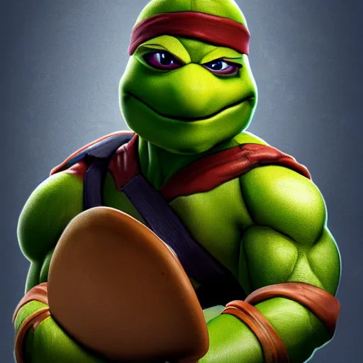 Image similar to teenage mutant ninja turtle with frying pan, wearing chef hat, frying nails, volumetric lighting, realistic, photo, artstation