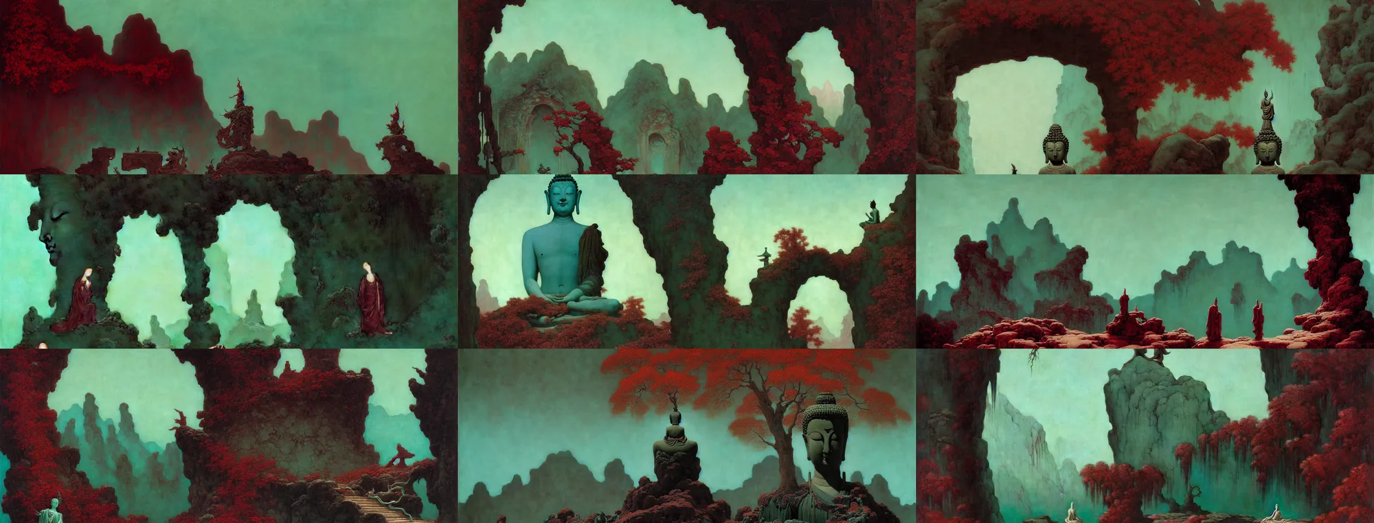 Prompt: a gorgeous bleak autumn painting by barlowe wayne, maxfield parrish, gustave dore and marco mazzoni. close - up shot on a lonely huge chinese buddha statue, broken, stone gate to the dark cave. tiffany blue, maroon, blackish green. the winding stone steps. ultra clear detailed. 3 d, octane render. turbulent blood lake.