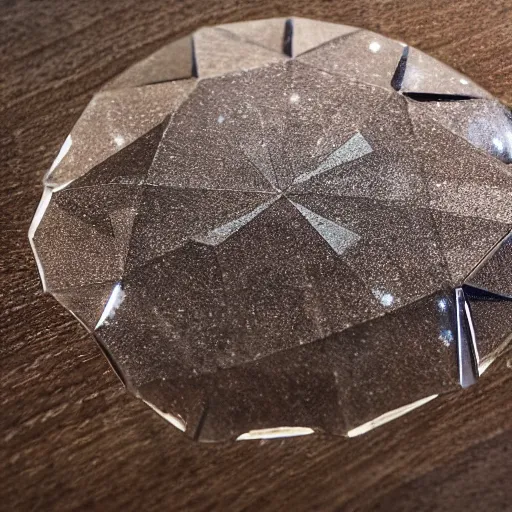 Prompt: dslr closeup photo still of a massive faceted cut diamond on an oak table with realistic caustics on table, 8 k, 8 5 mm f 1. 4