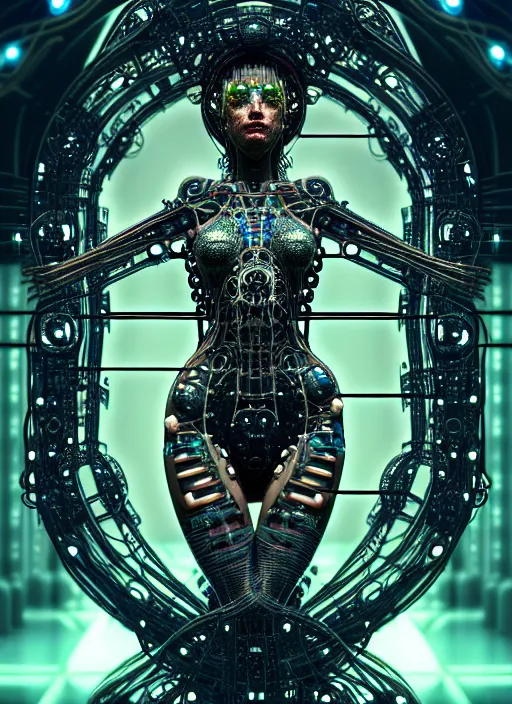 Prompt: timeless cybernetic deity girl with circuitry skin and networked mind tripping on acid, intricate detail, royo, whealan, giger, klimt, hd, octane render, unreal engine,