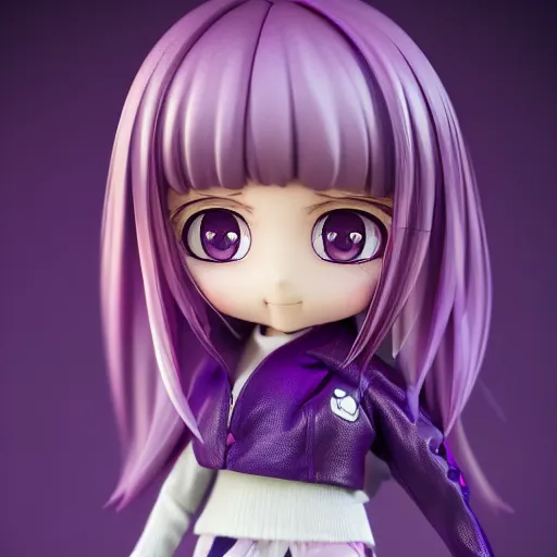 Image similar to portrait of a anime and chibi very cute doll with purple jacket design by antonio mello, nendoroid, kawaii, cyberpunk fashion, character modeling, toy design, substance 3 d painter, vray, soft vinyl, trending in artstation