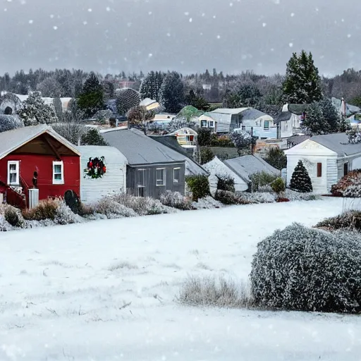 Image similar to A small rural town and neighborhood with small houses from the foreground into the horizon of the background on long roads and streets decorated with Christmas themed objects on their lawns, in the winter months of december, snow is everywhere, it is currently snowing and cloudy, very nostalgic, very melancholic, dramatic angle, rotoscoped, rotoscope, photoshop, photomanipulation, realism, painting, illustration and sketch, weird scribbles, hybrid styles, hybrid art styles, mismatched, trending on artstation, trending on deviantart, weird, quirky, interesting, very detailed, highly detailed, HD Quality, 4k resolution, 8k resolution, in the style of David Firth, in the style of James Lee, in the style of Drue Langlois,