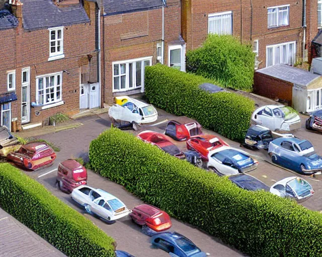 Image similar to view of a suburban british street from an upstairs window, sunny day, cars parked, 2006 photograph, colour