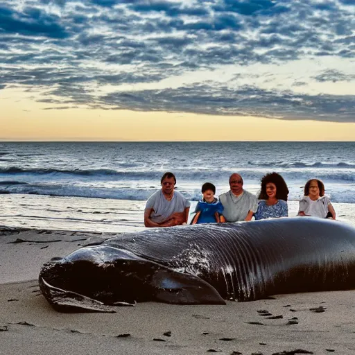 Prompt: family photograph in front of a decaying beached whale, dawn light, high resolution, dramatic