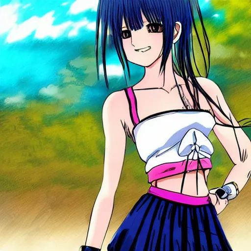 Image similar to beautiful anime manga girl wearing croptop and skirt happy face. she is at the beach. trending on artsystion. drawn by eiichiro oda.