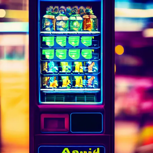 Image similar to photograph of a futuristic vending machine that only sells alien technology, aesthetic, shallow depth of field, award winning, artistic