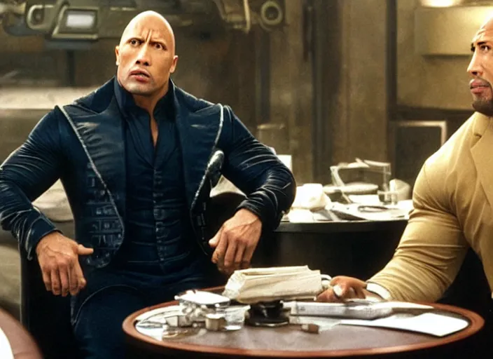 Prompt: film still of Dwayne Johnson as Doctor Evil sitting at the round metal table from Austin Powers