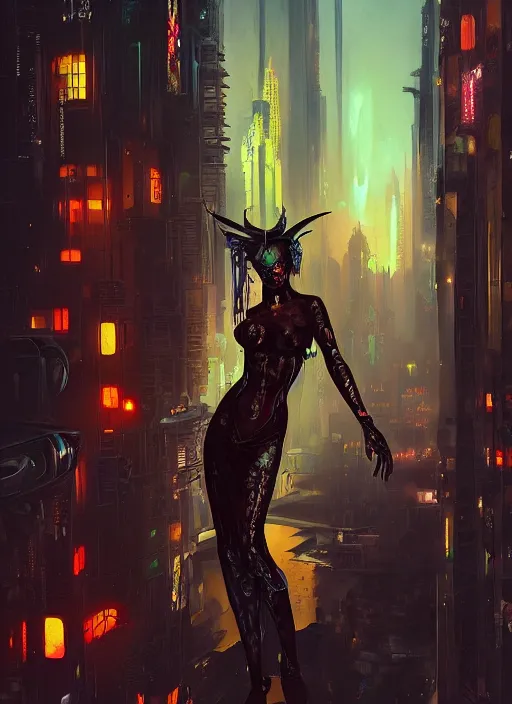 Prompt: An oil painting of a succubus in a cyberpunk city night background, hyper detailed, super realistic, 4k, trending on artstation, octane render, art by artgerm and greg rutkowski and alphonse mucha and craig mullins and James Jean and Andrei Riabovitchev and Marc Simonetti and peter mohrbacher,