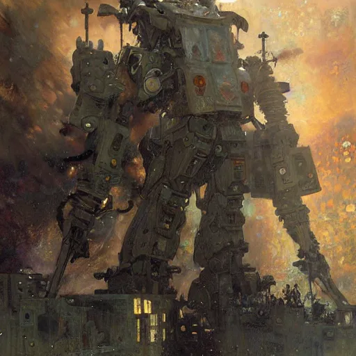 Image similar to six meters tall mech fighting in an urban environment, epic action scene, by gaston bussiere craig mullins jc leyendecker gustav klimt artgerm greg rutkowski john berkey, bergey, craig mullins, ruan jia, raymond swanland, jeremy mann, tom lovell, alex malveda